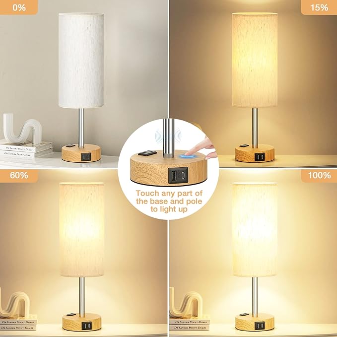 Fenmzee Bedside Table Lamp for Bedroom - 3 Way Dimmable Touch Lamp USB C Charging Ports and AC Outlet, Small Lamp Wood Base Round Flaxen Fabric Shade for Living Room, Desk, LED Bulb Included - Bloomnest