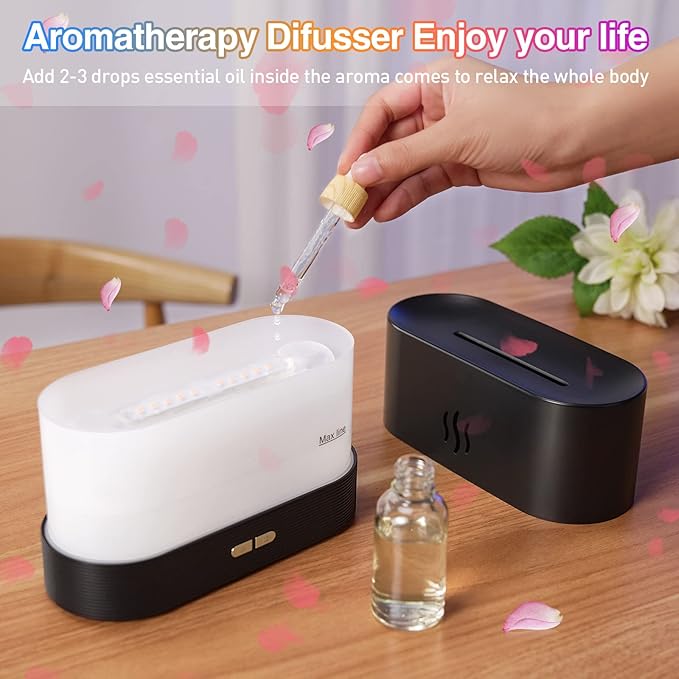 Colorful Flame Air Aroma Diffuser Humidifier, Upgraded 7 Flame Colors Noiseless Essential Oil Diffuser for Home,Office,Yoga with Auto-Off Protection 180mL (8Hours Black) - Bloomnest