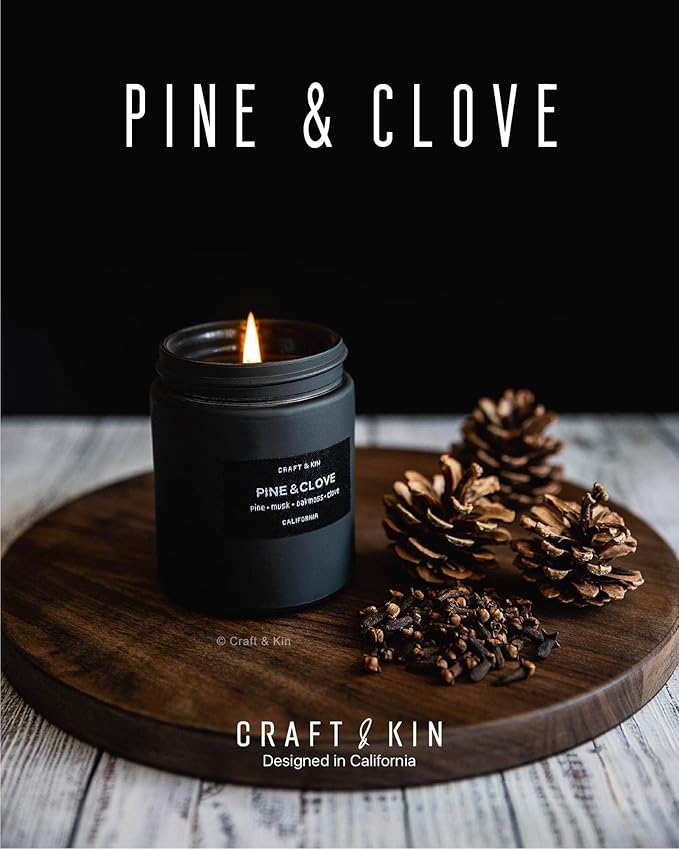 Craft & Kin Premium Pine & Clove Candle | Black Christmas Scented Candles for Home | Christmas Tree Candle | Long Lasting with 45 Hour Burn Time, 7.6oz | Soy Holiday Candles | Aromatherapy at Home - Bloomnest