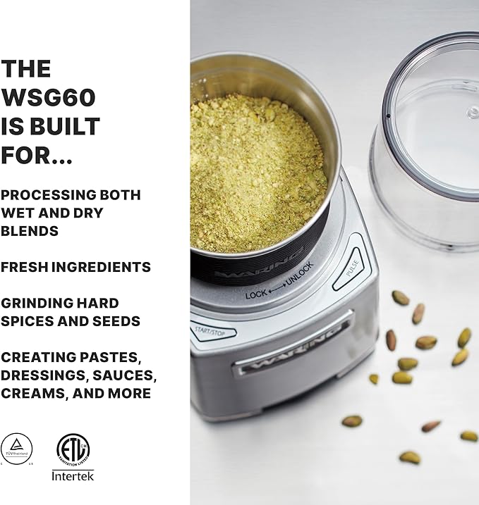 Waring Commercial WSG60 3 Cup Spice Grinder, 1 HP Motor, 20,000 RPM's, Pulse Actuation, Includes 2 stainless steel grinding-bowls-120V, 175W, 5-15 Phase Plug, 0.9 cu. ft. - Bloomnest