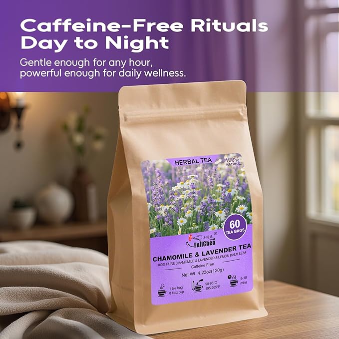 FullChea - Chamomile Lavender Tea Bags for Relaxation & Better Sleep - 60 Count - Caffeine-Free Blend Herbal Tea - Premium Chamomile & Lavender Flowers - Bloomnest
