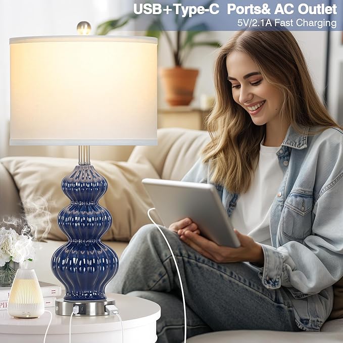 26" Blue Table Lamp Set of 2 with USB A+C Ports & AC Outlet, Ceramic Table Lamps Classic Beside Lamps Nightstand Lamp Modern Table Lamp for Living Room,LED Bulbs Included - Bloomnest