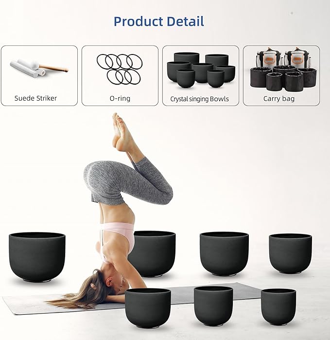 Ryan Dvan 7-12 Inch Black 7 Crystal Singing Bowl Set Frosted Quartz Crystal Sound Therapy Kit with Mallets 2 Cases O-Ring for Yoga Meditation Energy Balancing Reiki Healing - Bloomnest