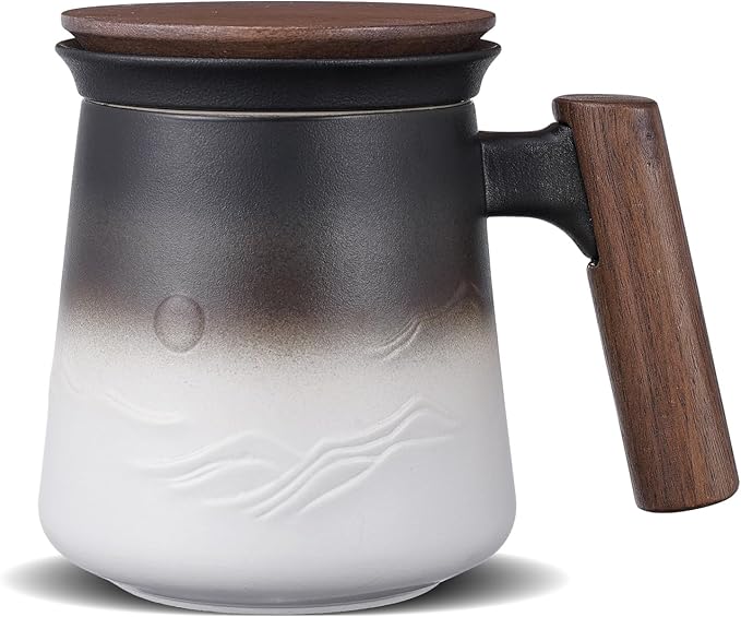 ZENS Tea Mug with Infuser and Lid for Loose Leaf Tea Steeper, 14.5 oz Embossed Ceramic Tea Cup with Fine Strainers and Wood Handle, Diffusers Accessories for Tea Lovers Gifts