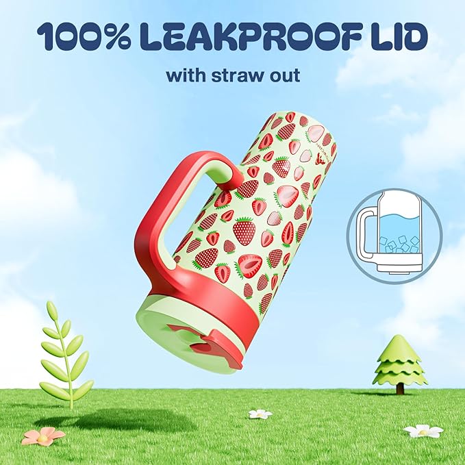 24 oz Metal Tumbler Cup for Girls: Easy Grip Handle, Leak-Proof when Sealed, Easy to Clean, Double Wall Vacuum Cup for Home, School, Daycare, Party, Picnic, Hiking, Travel, Gift (Strawberry Pop) - Bloomnest