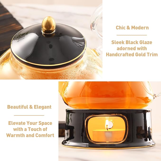 DUJUST Blooming Tea Pot Set, Luxury British Design with Relief Decor & Gold Trims, Hand-Crafted Clear Teapot with Warmer, 40oz Glass Teapot with Infuser, Stove-Safe Tea Party Gift & Home - Black - Bloomnest