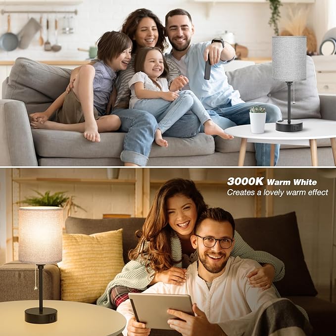 Grey Nightstand Lamps 3 Color Temperatures - 3000K 4000K 5000K Bedside Lamps with USB C and A Ports, Pull Chain Table Lamps with AC Outlet, Small Lamps with Black Metal Base for Sleeping Reading - Bloomnest