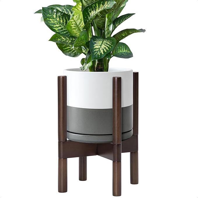 D'vine Dev Ceramic Planter with Walnut Color Stand - 8 Inch Modern Round Flower Pot with Wood Planter Holder, White/Grey, 55-B-Y-6 - Bloomnest