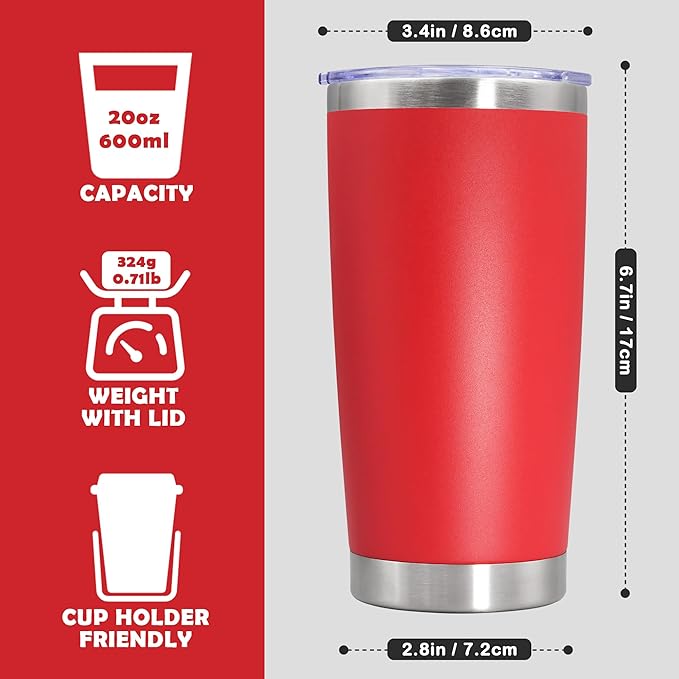 20oz Tumbler Bulk Stainless Steel Tumbler Cup with Lid Vacuum Insulated Double Wall Travel Mug, Durable Powder Coated Travel Coffee Tumbler Mug for Hot & Cold Drinks, Red,8 Pack - Bloomnest