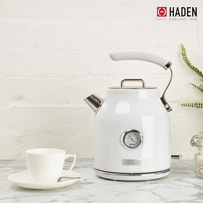 Haden Dorset 1.7 Liter Stainless Steel Electric Kettle, Hot Water Kettle with 360-Degree Base and Auto Shutoff, Ivory & Chrome - Bloomnest