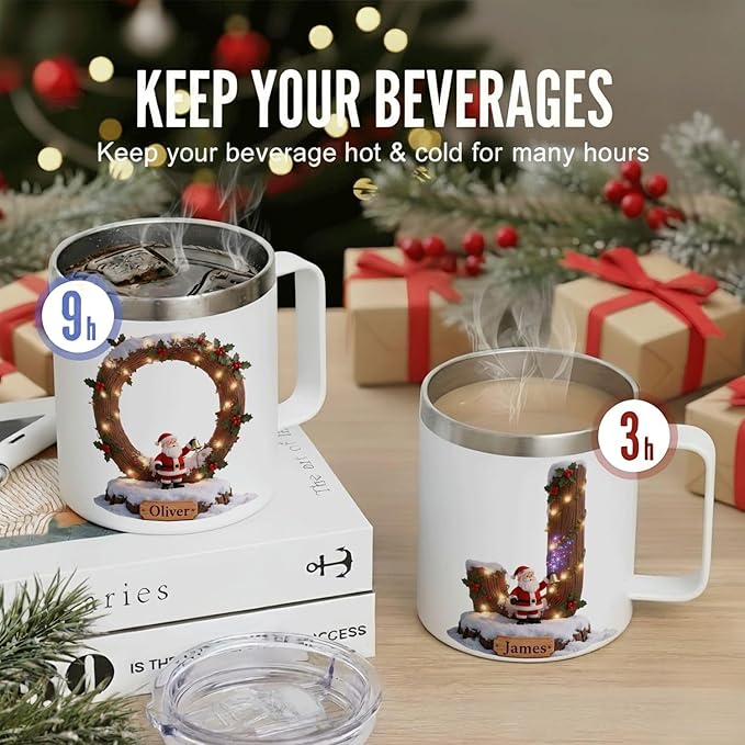 Personalized Christmas Mug | Custom Rustic Log Santa Initial Insulated Coffee Cup with Handle & Lid | 12oz Holiday Tumbler, Unique Winter Scene Gift (B38) - Bloomnest