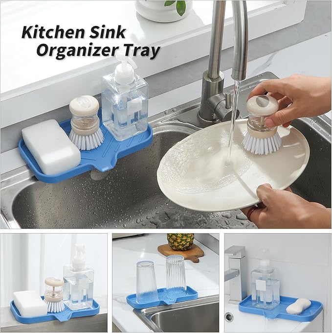 Silicone Bathroom Soap Dishes with Drain Spout Bathroom and Kitchen Sink Organizer,Sponge Holder,Dish Soap Tray,Perfect for Dispenser,Scrubber,Bottle,Cup on Counter Lichen Blue 9.6"×5.3" - Bloomnest