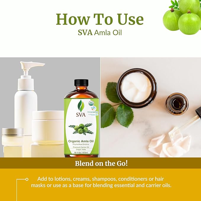 SVA Amla Oil Organic - 16 Fl Oz – 100% Natural Cold Pressed Organic Amla - for Face, Skin Care, Hair Care, Scalp Massage & Body Massage – Carrier Oil - Bloomnest
