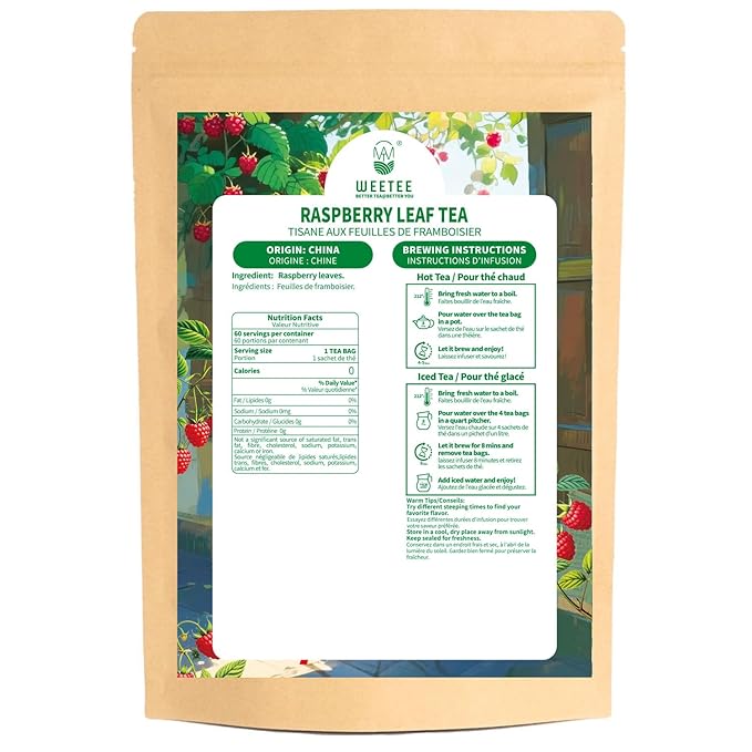 WT WEETEE Red Raspberry Leaf Tea Bags, 60 Count Corn Fibre, Pure Cut & Sifted Raspberry Leaves, No Sugar, No Caffeine, Natural Pregnancy Tea - Bloomnest