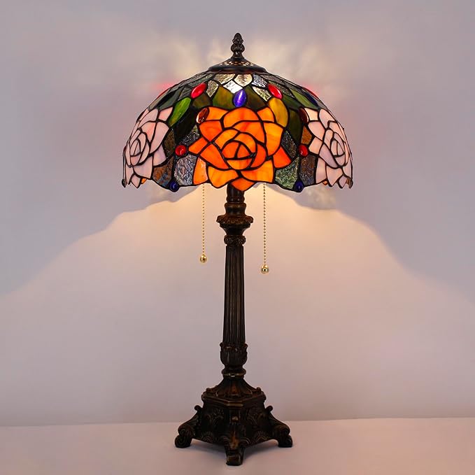 Tiffany Lamp Orange Rose Flower Style Stained Glass Table Lamp Desk Reading Light 12X12X21 Inches with Resin Base Decor Bedroom Living Room - Bloomnest