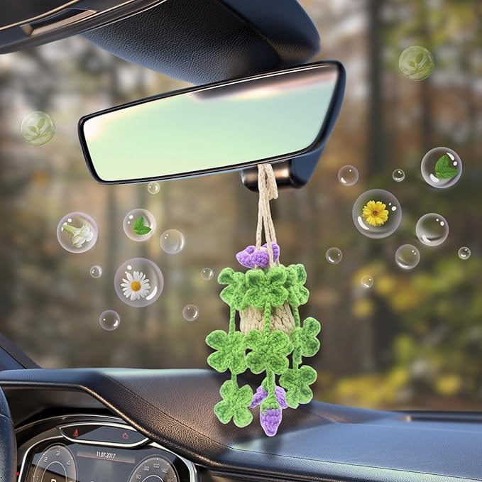Handmade Crochet Hanging Car Air Freshener - Lucky 4-Leaf Clover Charm with 12ml Refillable Glass Essential Oil Diffuser Bottle, St. Patrick's Day Car Accessories & Bedroom Lucky Decor - Bloomnest