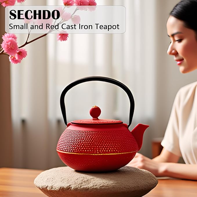 30.4oz Small Cast Iron Teapot, Tea Kettle for Stovetop Safe Coated with Enameled Interior, Red Japanese Tetsubin, Tea Pot with Stainless Steel Infuser for Loose Tea(900ml) - Bloomnest