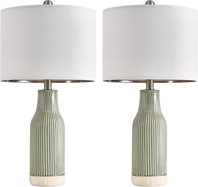 23.75" Modern Green Ceramic Table Lamp Set of 2 for Living Room, Farmhouse Bedside Nightstand Lamp for Bedroom Home Office Dorm - Bloomnest