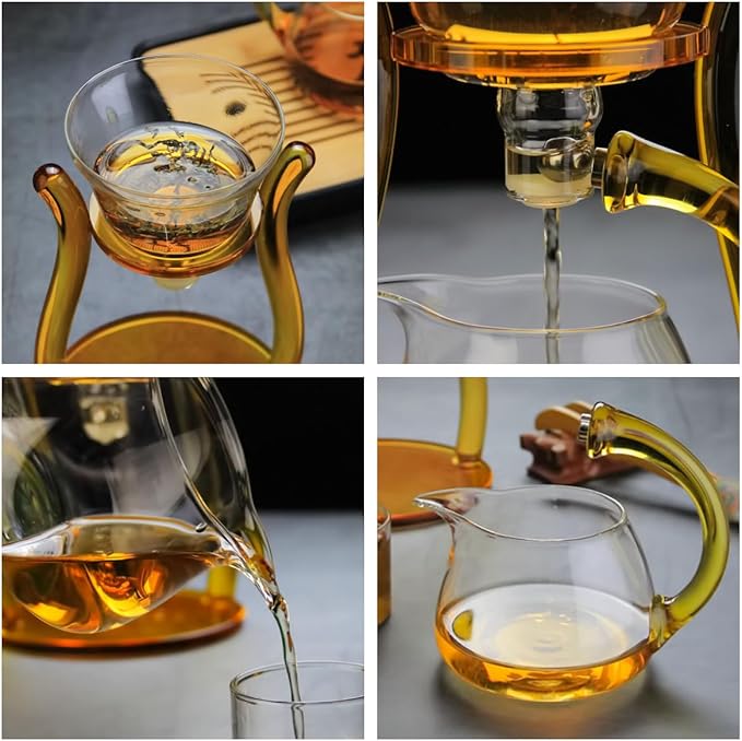 Mozeo Lazy Kungfu Teapot Glass Semi-automatic Tea Maker Suction Automatic Water Brewing Teapot Office Flower Glass Tea Set (Yellow Single)