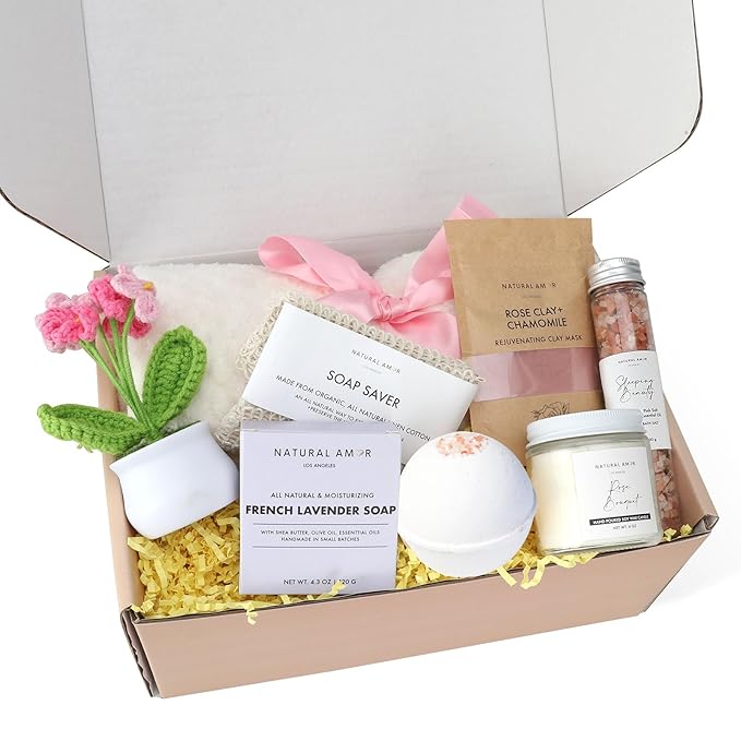 Natural Amor 8-Piece Spa Gift Set with Blanket – Self-Care Box with Rose Clay Mask, Bath Bomb, Goat Milk Soap, Candle– Relaxation Gift for Women – Pink Ribbon Blanket - Bloomnest