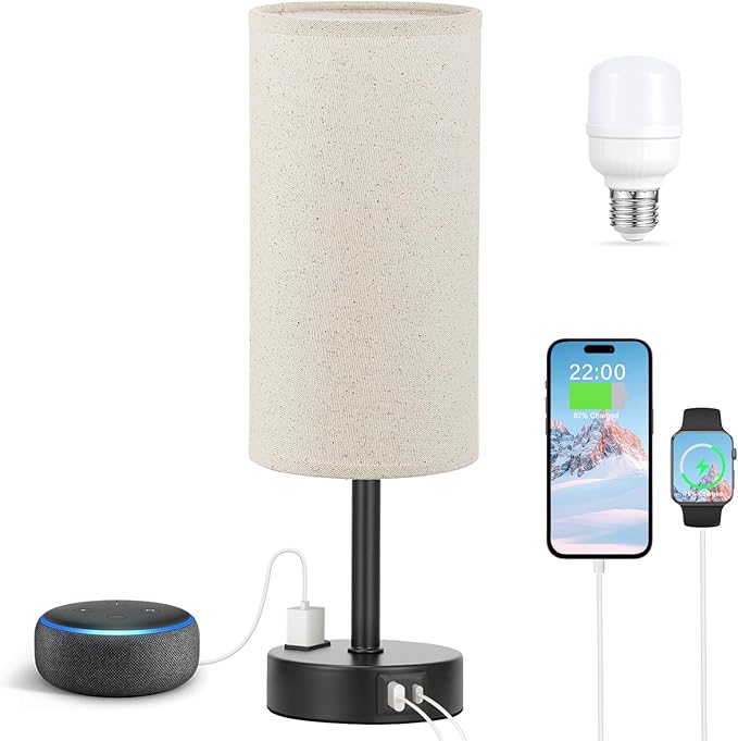 Fenmzee Beige Touch Table Lamp for Bedroom - 3 Way Dimmable Bedside Lamp USB C Charging Ports and AC Outlet, Small Lamp with Fabric Shade Black Base for Living Room, Office Desk, LED Bulb Included - Bloomnest