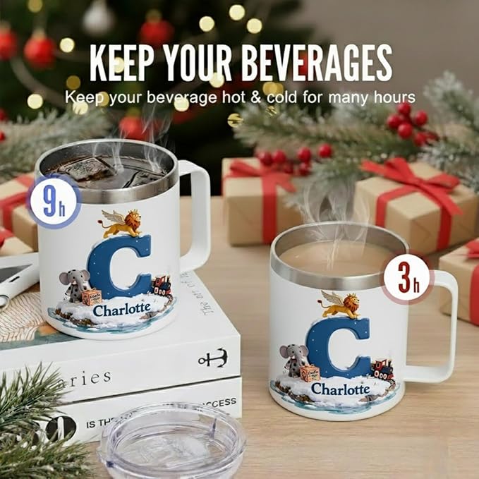 Personalized Kids Hot Chocolate Mug with Custom Name, Magical Lion & Train Christmas Tumbler for Boys & Girls - 14oz Insulated Stainless Steel Cup with Handle & Lid, Unique Holiday (B66) - Bloomnest