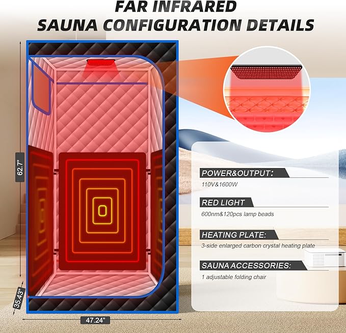 Smartmak Portable Infrared Sauna,1 or 2 Person Oversize Infrared Sauna Box with 660nm Red Light Therapy, Full Body Sauna Tent for Home, Folding Chair (Blue-2 Person) Smartmak