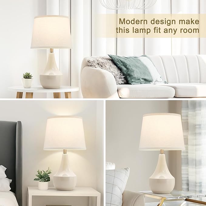 GyroVu Table Lamp Set of 2, 18.63” Ceramic Table Lamp Classic Beside Lamps Nightstand Lamp Modern Lamp for Living Room, Bedroom & Office Rocker Swtich Cream-LED Bulbs Included - Bloomnest