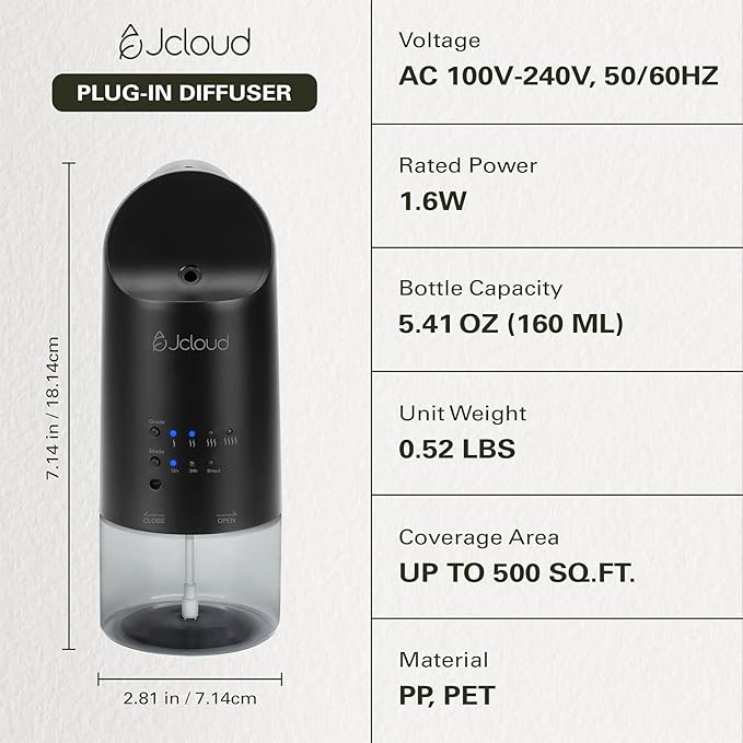 JCLOUD 2025 Plug in Diffuser for Essential Oils, Waterless Scent Diffuser Cover Up to 500 Sq. Ft. for Home, Office, Spa - Portable Wall Aromatherapy Device 160ML, Black - Bloomnest