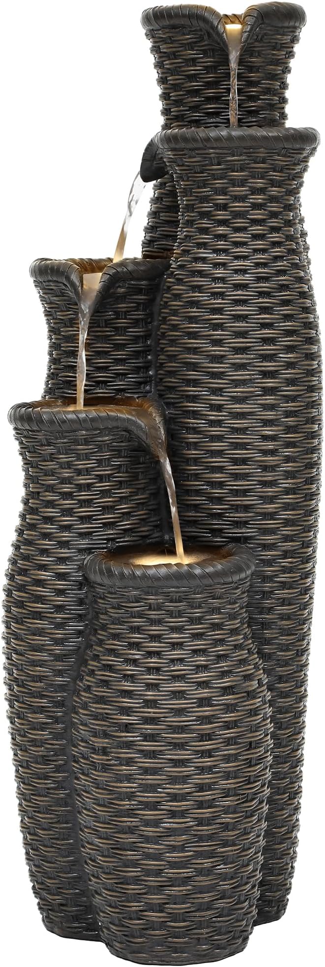 Outdoor Water Fountain with Lights, Faux Rattan Vase Fountain with 5-Tier Waterfall, Polyresin Cascading Waterfall Feature with Tranquil Oasis for Garden, Patio, Yard, or Porch - Bloomnest