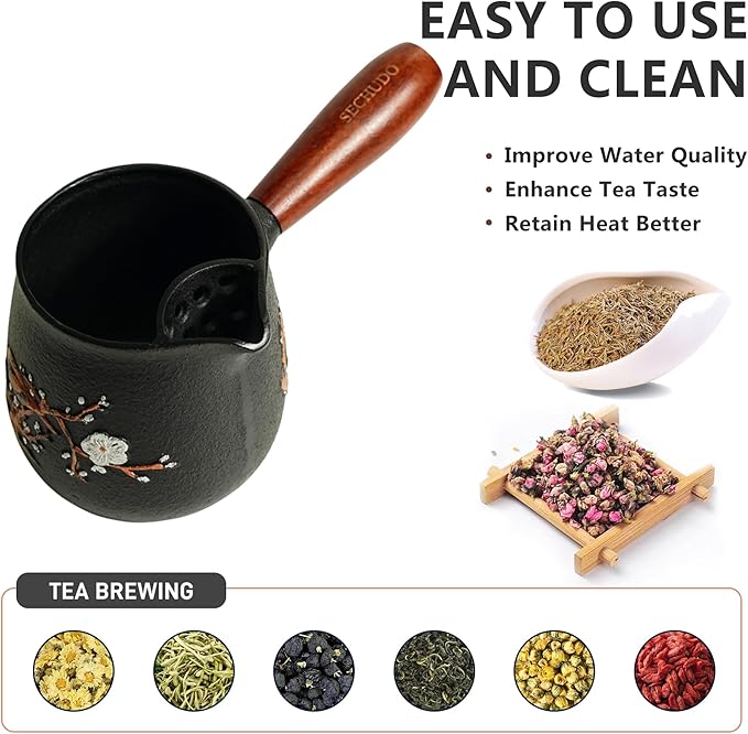 Small Cast Iron Teapot, Japanese Style Tea Kettle without Lid, 20.3 fl oz Tea Pot with Stainless Steel Tea Ball for Loose Tea, Wooden Side-handle Tea Set for Stovetop Safe(600ml) - Bloomnest