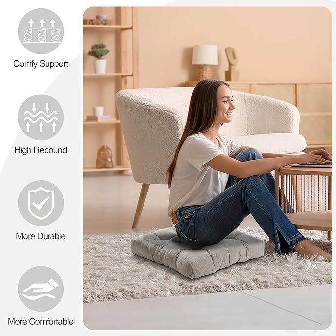 Floor Pillow Cushions for Adults Sitting Large Big Pillows for Floor Seating Square Memory Foam Thick Tufted, 22 x 22 Inch, Set of 2, Light Grey - Bloomnest