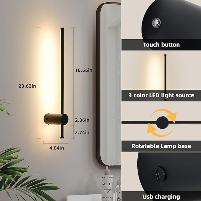 LED Wireless Wall Sconce with Remote Control, Dimmable/350° Rotate/Timing/USB Rechargeable Battery Powered Indoor Wall Lamps, 23.6 inch Black Wall Lights Set of Two for Hallway, Living Room, Bedroom - Bloomnest