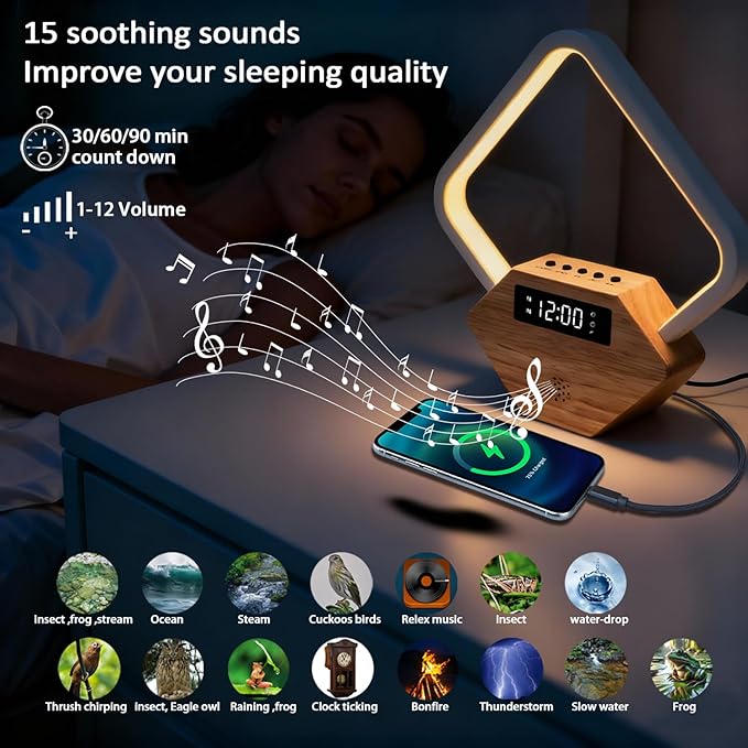 Wood Sunrise Alarm Clock with White Noise Machine 3 Color Night Light 15 Soothing Sounds Sleep Aid 30/60/90min Timer 10 Alarm Ringtones USB C PD Phone Charger Anniversary Birthday Gifts for Women Men - Bloomnest