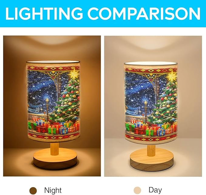 Christmas Eve Table Lamp LED 3-Color Pressed Bedside for Merry Christmas, Christmas Eve Shade Christmas Table Lamp with Wood Base for Bedroom Living Room Desk Office - Bloomnest