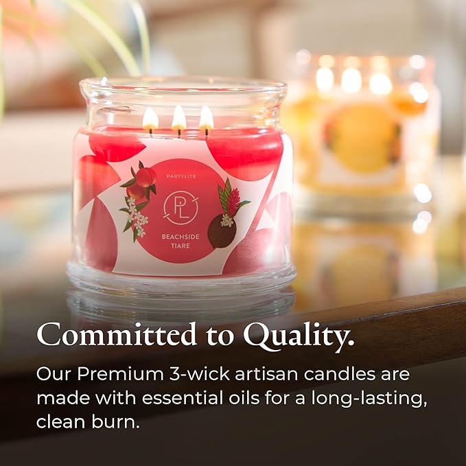 PartyLite Beachside Tiare Scented, Notes of Gardenia, Coconut, Red Hibiscus, Peach & Ylang Ylang, 13.2oz 3-Wick Jar Candle, 45 Hour Burn Time, Luxurious Fragrance, Ideal for Gifting - Bloomnest