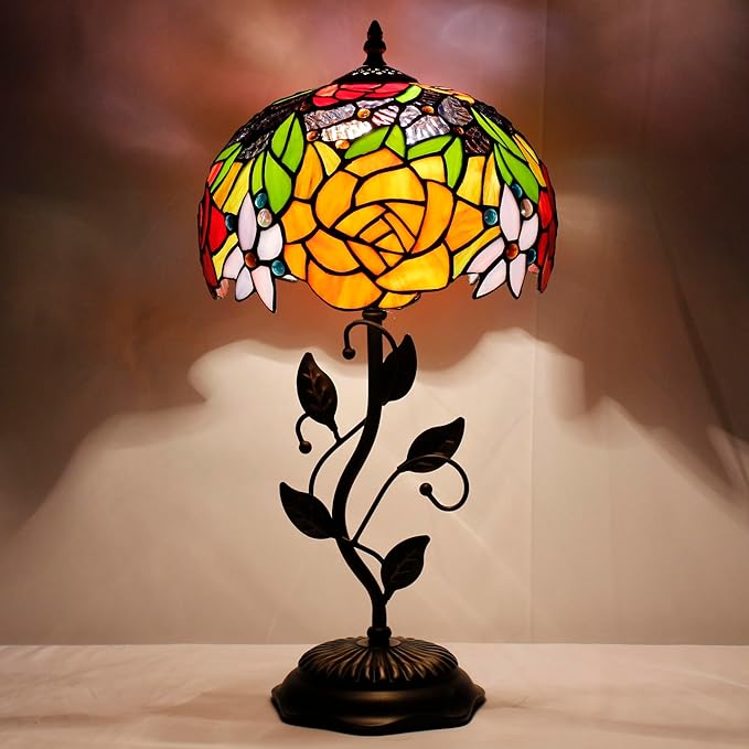 Tiffany Lamp Table Lamp Stained Glass Desk Lamps 10X10X19 Inches Reading Light Decor Bedroom Living Room (Red Rose Style) - Bloomnest