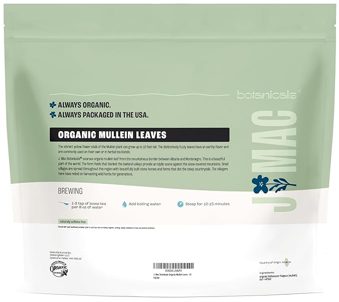 J Mac Botanicals Organic Mullein Leaves (16 oz) Certified USDA Organic. Loose Leaf Mullein Herbal Tea - Bloomnest