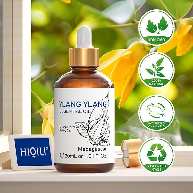 HIQILI Ylang-Ylang Essential Oil, Long-Lasting Scent for Diffusers, Perfumes, Aromatherapy, DIY - 1.01 Fl Oz - Bloomnest