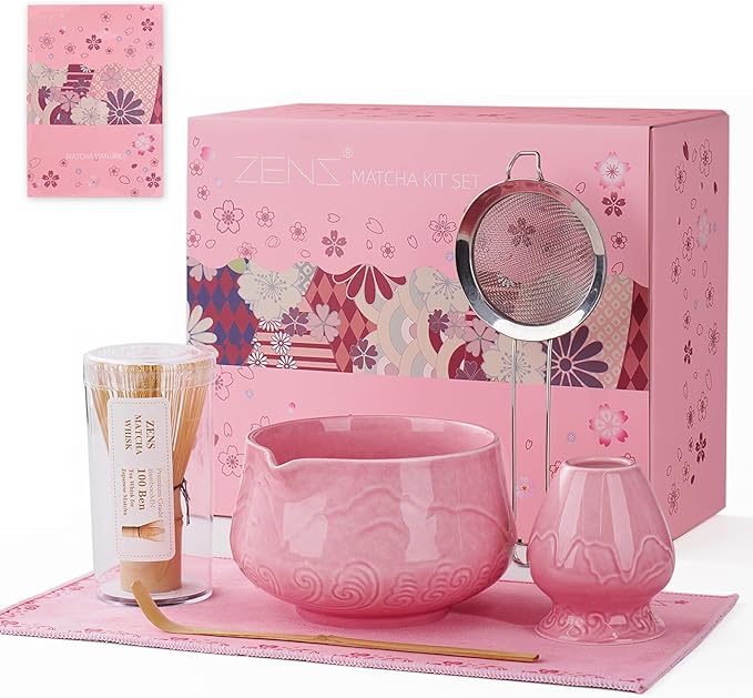 ZENS Matcha Whisk Set, 6pcs Matcha Set Pink Includes 15oz Ceramic Bowl and Bamboo Whisk (Chasen Holder) Scoop, 304 Sifter & Pink Tea Mat, Japanesse Matcha Kit for Matcha Latte-Making - Bloomnest