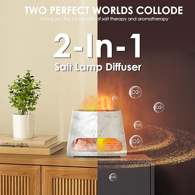 SALKING 2-in-1 Ultrasonic Essential Oil Diffuser & Himalayan Salt Lamp, Aromatherapy Diffuser Cool Mist Humidifier with 3 Brightness, Salt Therapy Lamp, 100% Pure Himalayan Salt Rock, 150ml (Marble) - Bloomnest