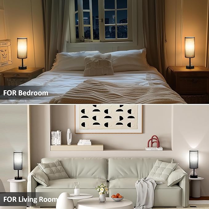 Fenmzee Black Bedside Table Lamps Set of 2-3 Color Temperatures Pull Chain Lamp with AC Outlet Charging Port, Round Night Stand Lamps for Bedroom Office, Small Bed Side Light with E26 LED Bulbs - Bloomnest
