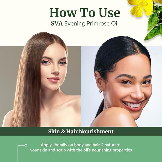 SVA Evening Primrose Oil Organic - 4 Fl Oz – 100% Natural Cold Pressed Organic Evening Primrose Oil - for Face, Skin Care, Hair Care, Scalp Massage & Body Massage – Carrier Oil with Dropper - Bloomnest