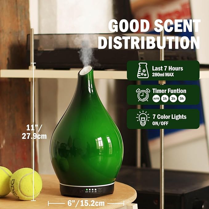 Porseme 280ml Essential Oil Diffuser Glass Color Changing Aroma Air Diffusers Aromatherapy Ultrasonic Cool Mist Humidifier 7 Running Hours Waterless Auto-Off for Sleeping Yoga Office Spa(Hulk Green) Porseme