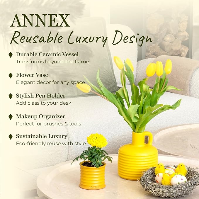 Scented Luxury Candles in Handmade Ceramic Jars, Soy Wax | Flower Bomb – Lily of The Valley & Jasmine, Large Candle | Non Toxic, 2 Wicks, Reusable Yellow Jar | Natural Spring Aromatherapy for Women - Bloomnest