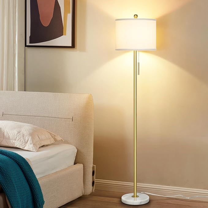 【Upgraded】 Dimmable Gold Floor Lamps for Living Room, 63in Modern Standing Lamp with Marble Base, Tall Pole Light with White Linen Shade for Bedroom Reading Office Corner Nursery - Bloomnest