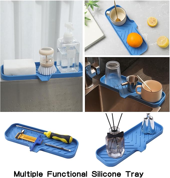 Silicone Bathroom Soap Dishes with Drain Spout-Bathroom and Kitchen Sink Organizer,Sponge Holder,Dish Soap Tray,Perfect for Dispenser,Scrubber,Bottle,Cup on Sink or Counter-Lichen Blue 12"×4" - Bloomnest