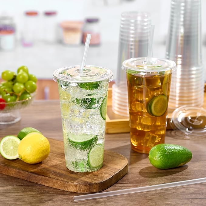 Turbo Bee 50 Sets 32 OZ Clear Plastic Cups with Lids and Straws, Disposable To Go Iced coffee cups with lids for Cold Drinks, Smoothie, and Slushie - Bloomnest