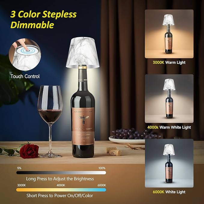 2025 New Bottle Lamp - LED Bottle Lights for Liquor & Wine Bottles, Cordless Lampshade, Whiskey Bottle Top Light, Bottle Stopper Night Light Kit, Rechargeable 3-Tone Touch-Dimmable - Bloomnest
