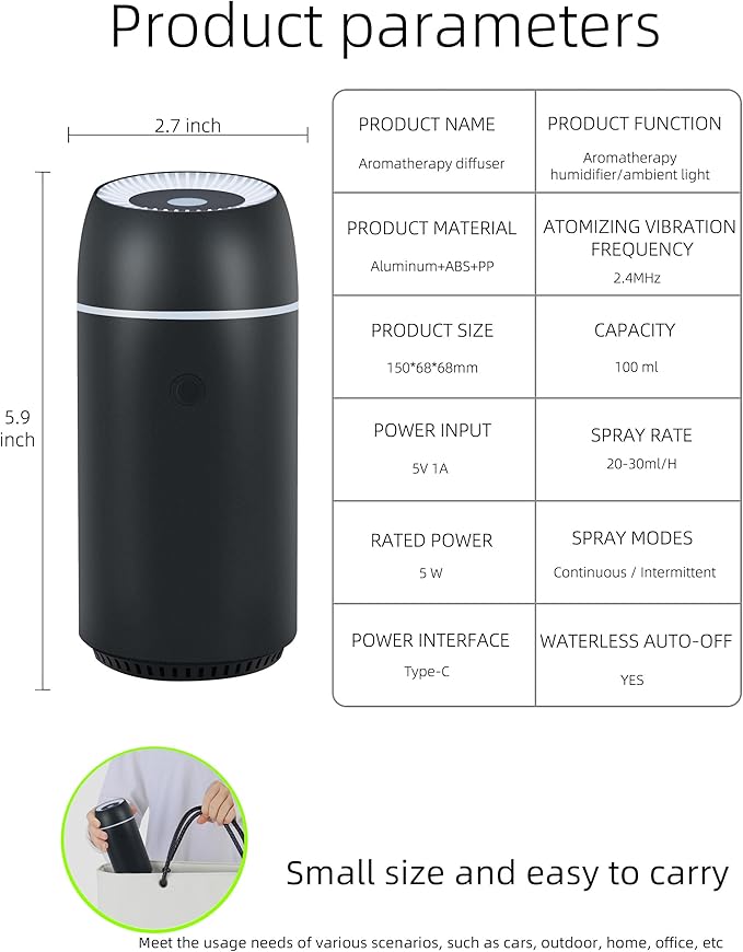 Car Diffuser for Essential Oils Portable Mini Ultrasonic Mist Humidifier 100ml USB Aromatherapy Diffuser Freshener with Colorful Lights for Small Space Home Office Bedroom (Black) - Bloomnest